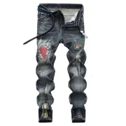 Nostalgic ripped appliqué locomotive men's jeans #99905865